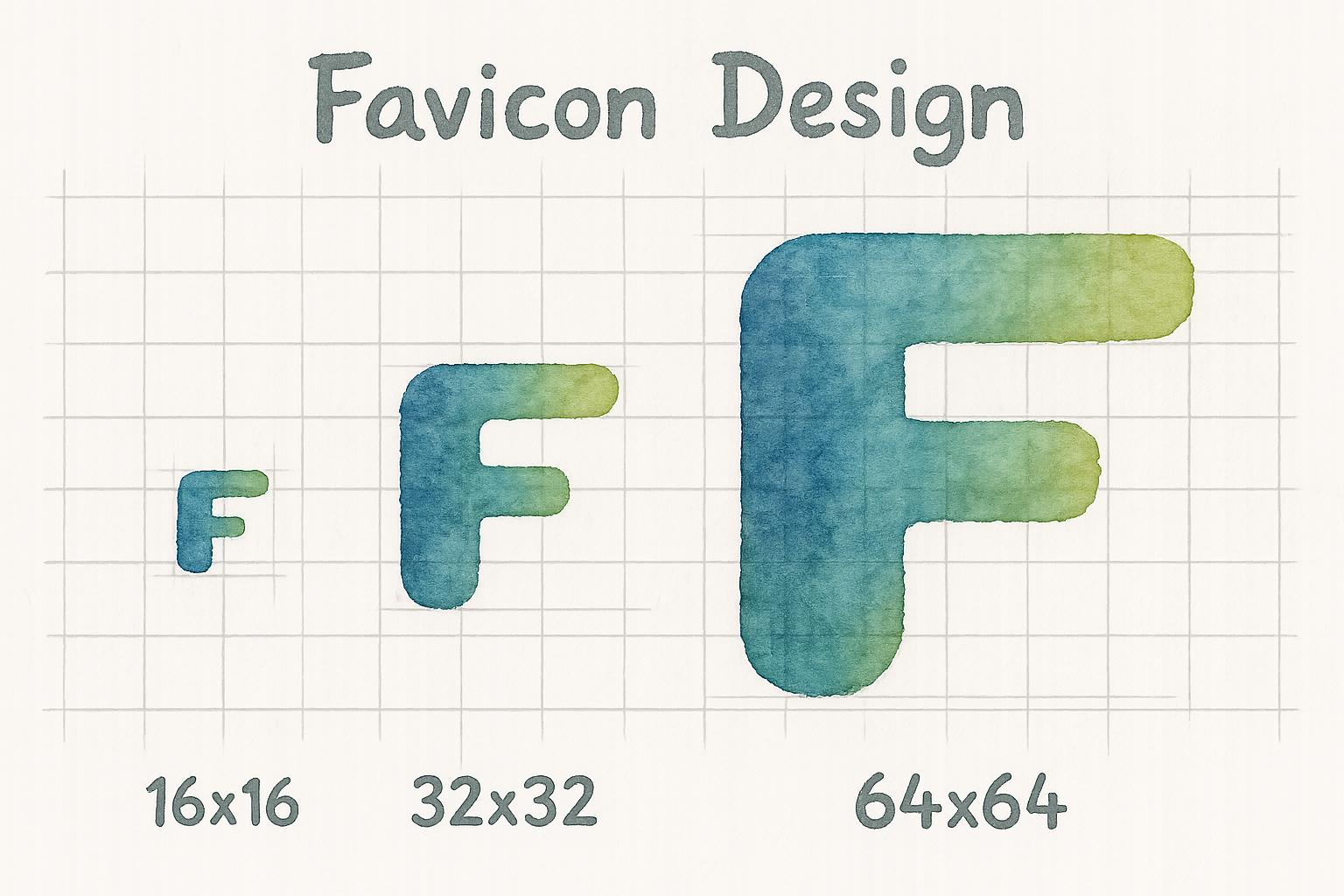 An example favicon design grid showing 16x16, 32x32, and 64x64 versions.