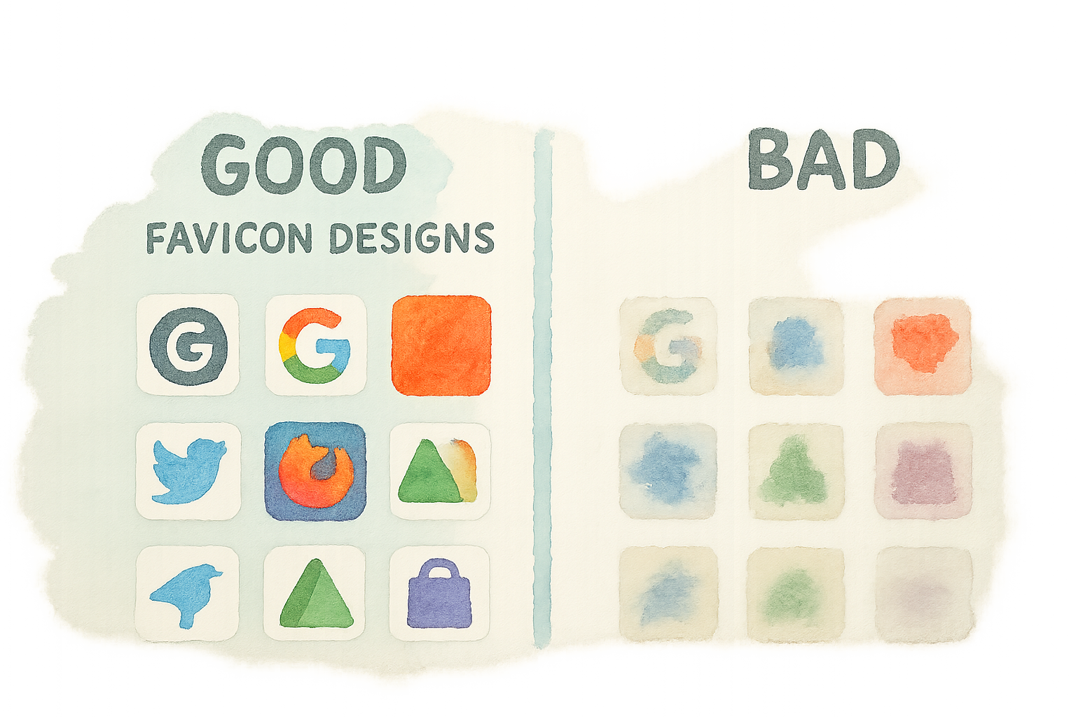 Side-by-side examples of good vs. bad favicon designs at 16x16 pixels.