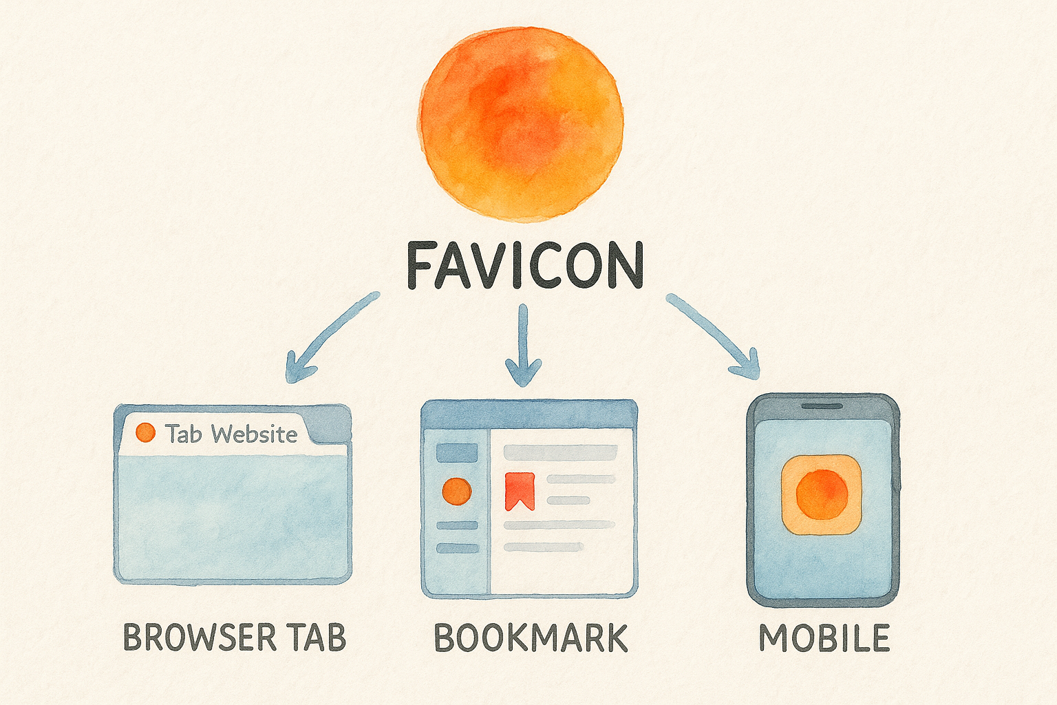 Flowchart showing how a favicon appears in browser tab, bookmark, and mobile.