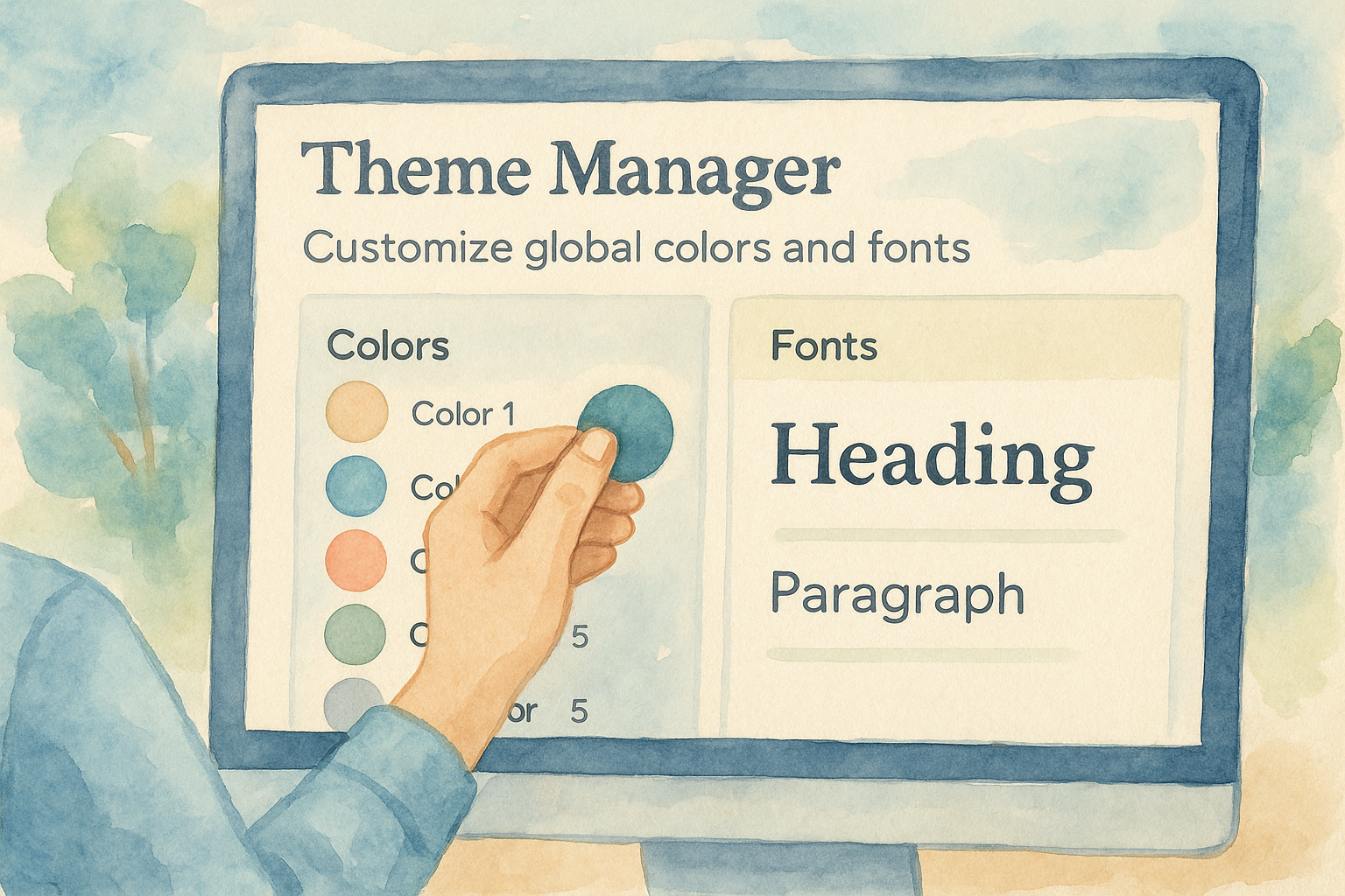Designer customizing global color palette and fonts in the Wix Theme Manager