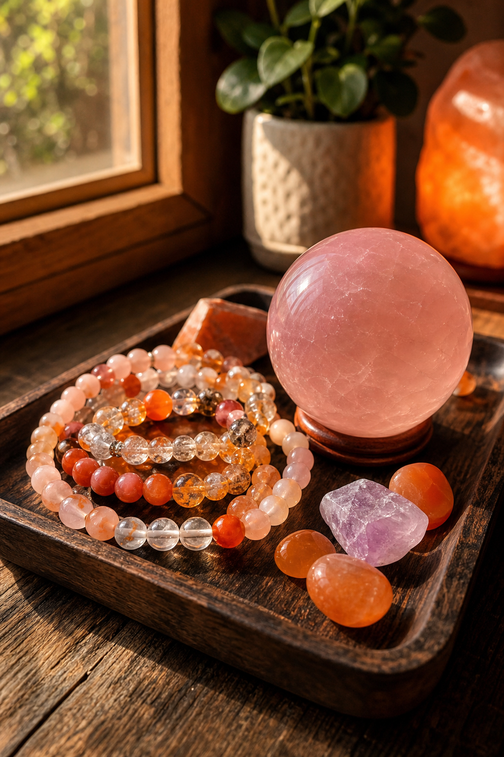 A realistic close-up of handcrafted beaded gemstone bracelets and a polished rose quartz sphere resting on a dark wooden tray near a sunny window, warm orange light. Alt: handcrafted crystal jewelry for charging crystals.
