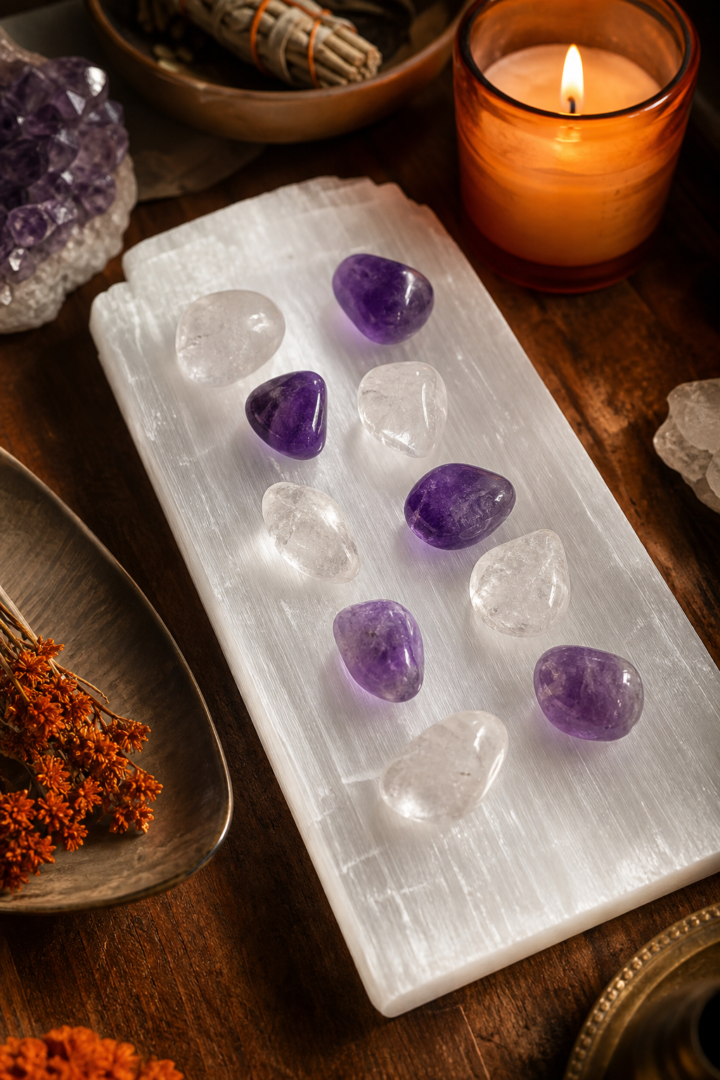 A realistic overhead shot of small amethyst and quartz tumbled stones resting on a glowing white selenite slab on a wooden altar, soft candlelight. Alt: charging crystals on a selenite slab.