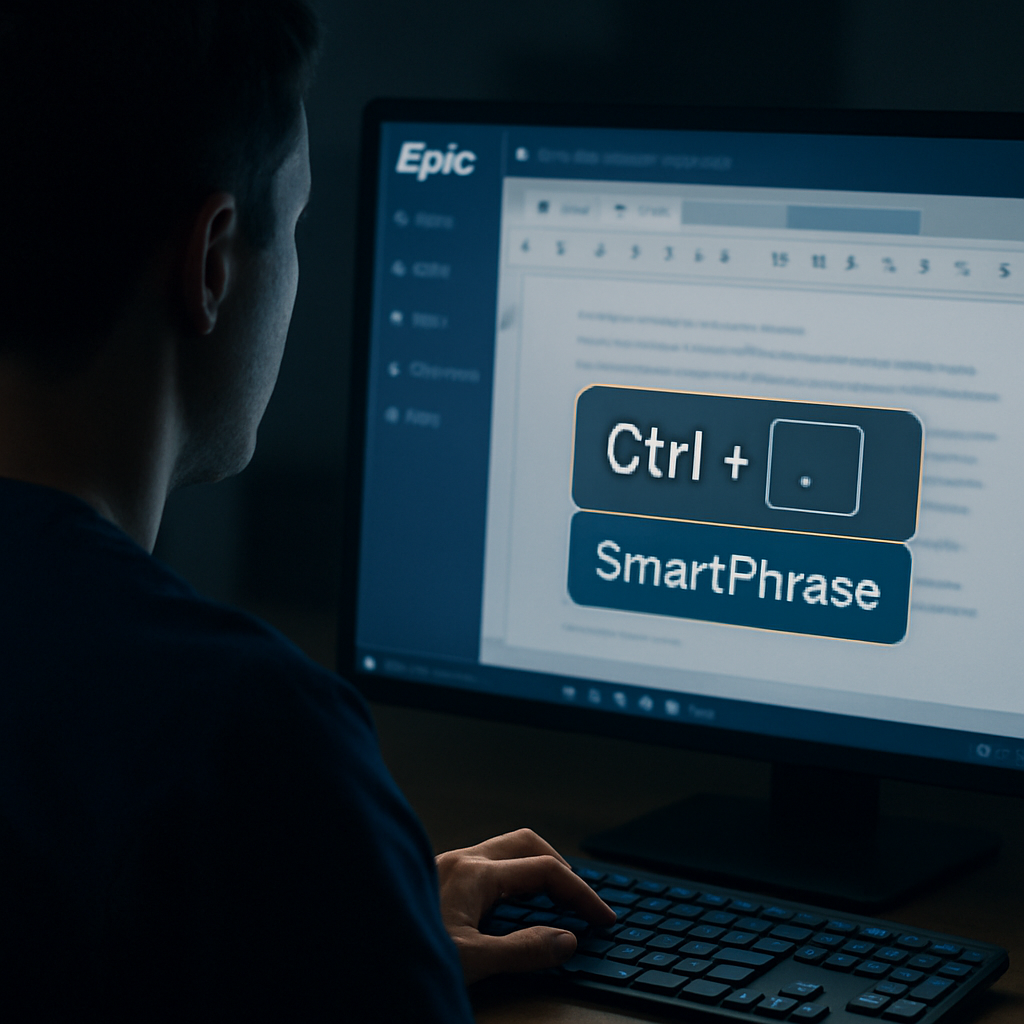 A clinician sitting at a computer screen with the Epic interface visible, showing a cursor hovering over a SmartPhrase button and a keyboard shortcut overlay. Alt: Epic charting shortcuts and SmartPhrases on screen
