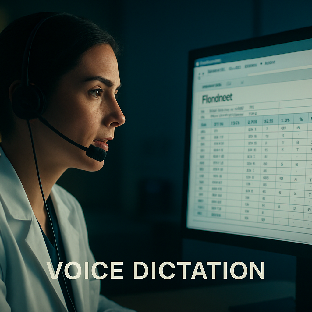 A clinician speaking into a headset while Epic auto‑populates a flowsheet on a monitor. Alt: Voice dictation in Epic workflow