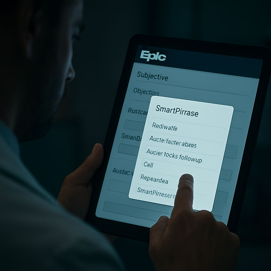 A clinician using a tablet to select a custom SmartPhrase while charting in Epic. Alt: Custom Epic template in action