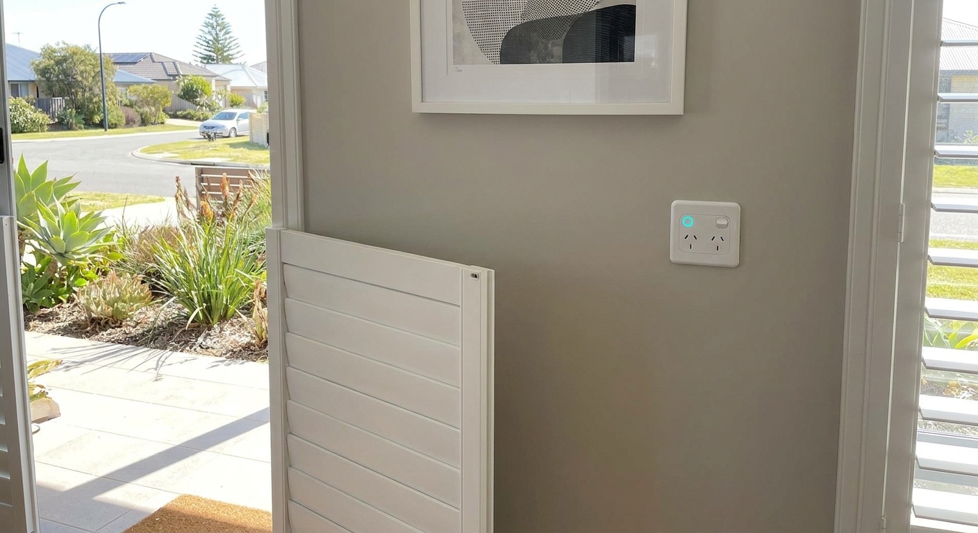 A realistic scene of a modern Australian home wall with a safety outlet installed, showing the built‑in shutters, bright lighting.