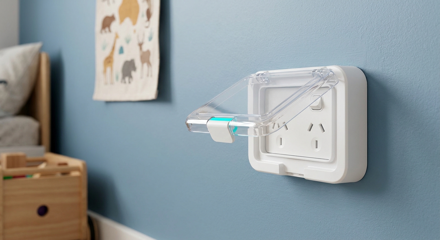 A close‑up of a full‑cover outlet protector fully covering a power point, installed on a child's bedroom wall, showing the secure lid.