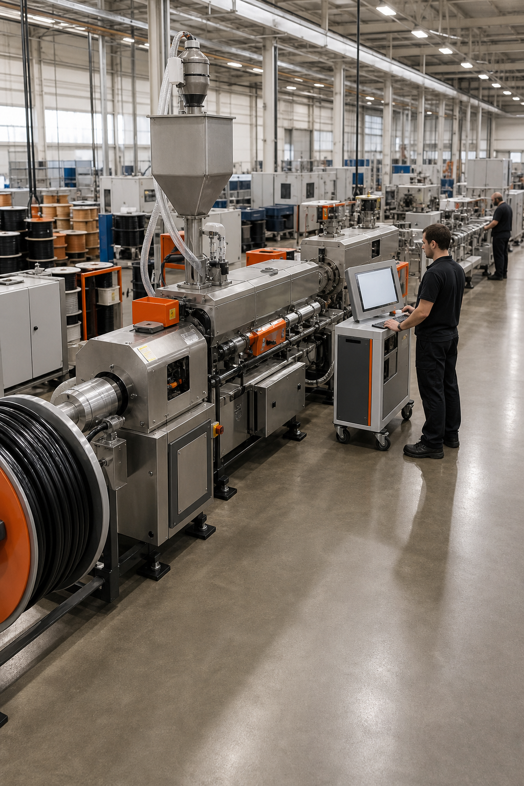 A realistic industrial floor showing a modular cable extrusion line with interchangeable modules, bright lighting, operators monitoring screens, alt: modular cable extrusion line in a factory