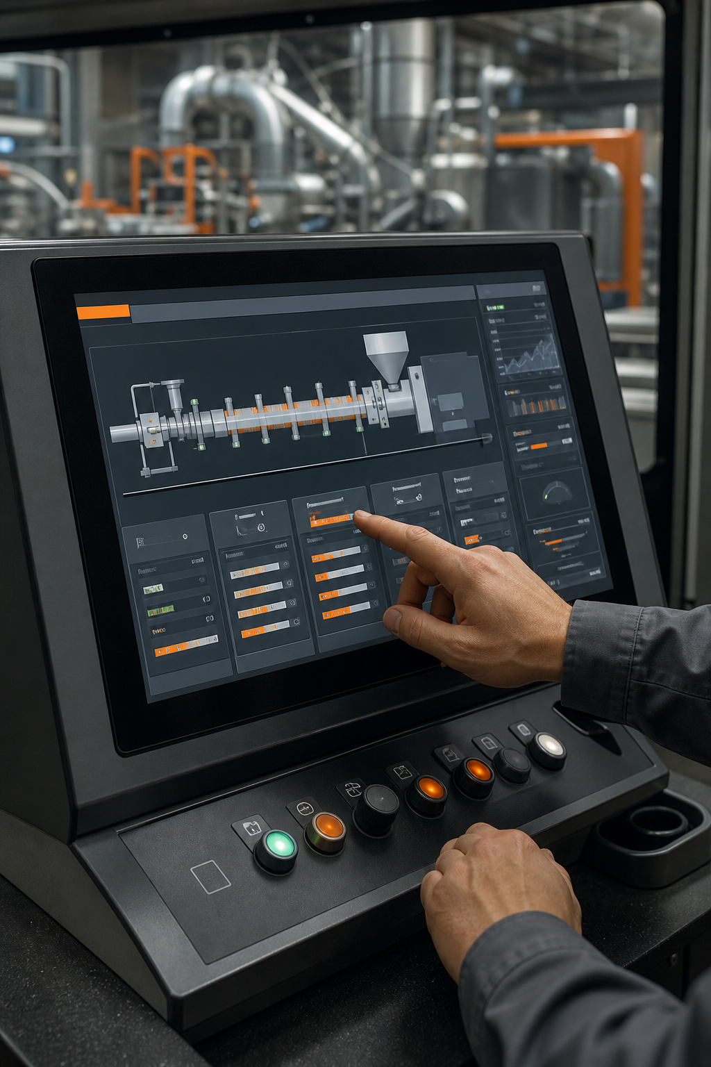 A realistic close‑up of a control room showing a touchscreen HMI panel, operators adjusting parameters, alt: extrusion line control interface in a factory