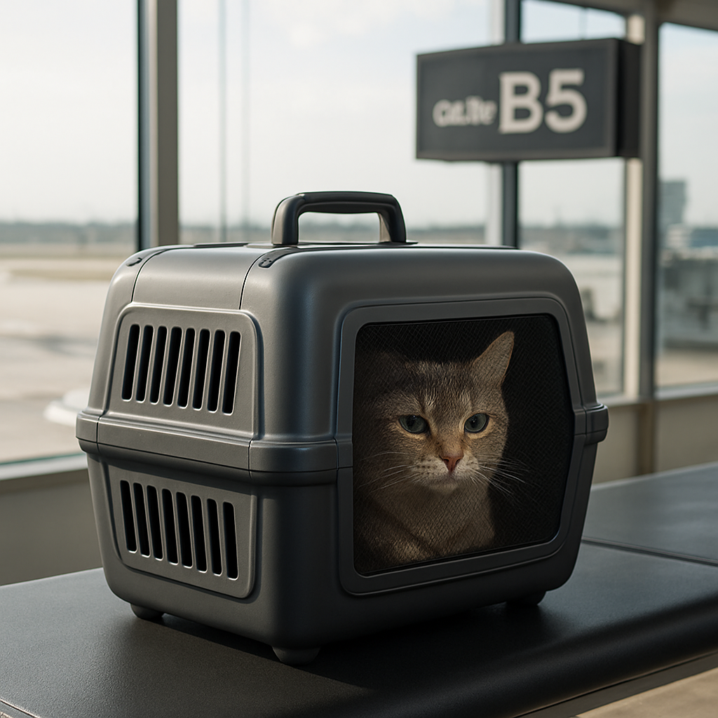 A sleek, hard‑sided cat travel carrier sitting on an airport boarding gate, with a calm cat peeking out through a mesh window. Alt: airline‑approved cat travel carrier on airport gate, cat relaxed, vented panels visible.
