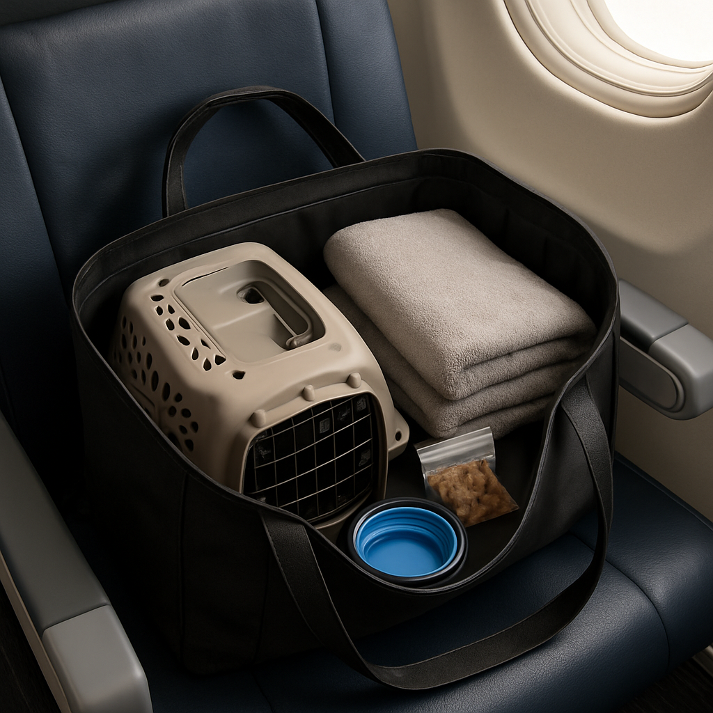 A sleek travel tote open on an airplane seat, showing a spray bottle, collapsible water dish, treats, and a folded blanket beside a cat carrier. Alt: cat travel carrier airline approved essentials packed in a carry‑on tote.