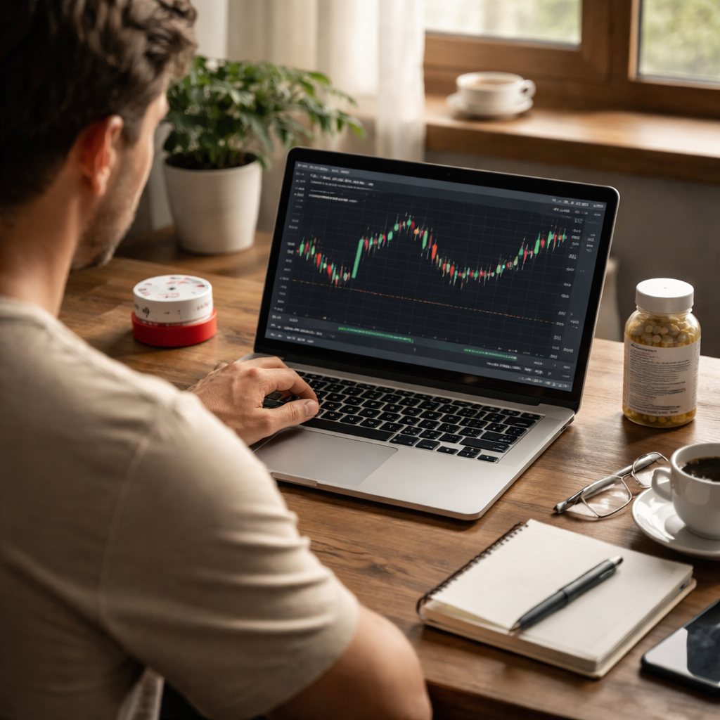 A photorealistic scene of a trader sitting at a desk with a laptop open to a forex chart, a Pomodoro timer on the side, and a bottle of supplements nearby, soft natural lighting, realistic style. Alt: Define trading goals and style for choosing a forex broker.