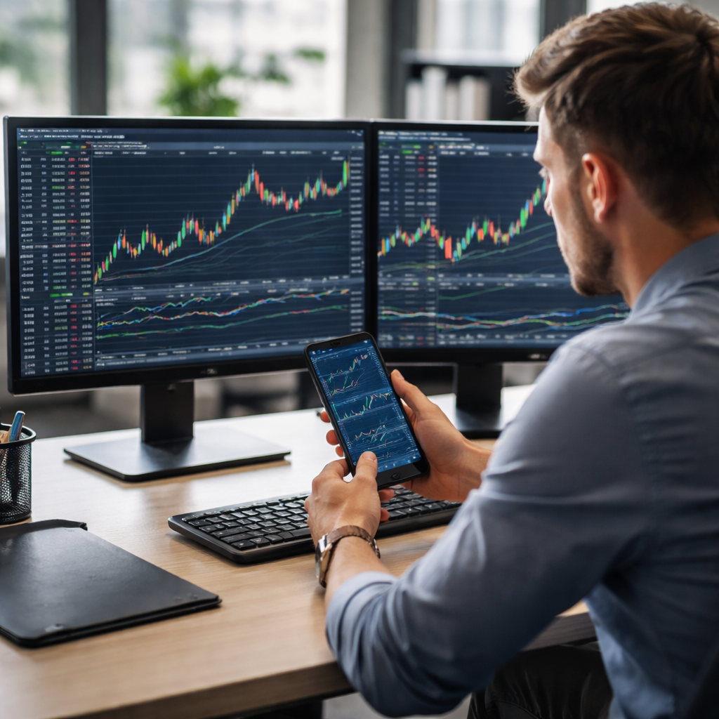 A photorealistic scene of a trader sitting at a desk, looking at a dual‑monitor setup showing a forex demo platform, with a smartphone displaying the same chart, realistic lighting, realistic office background. Alt: How to choose a forex broker by testing a demo account.