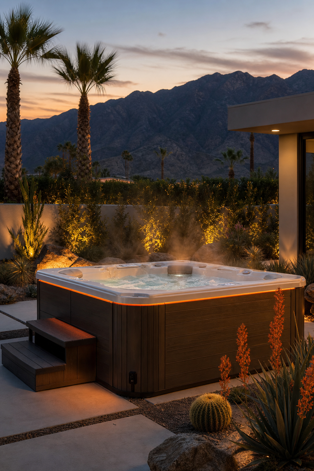 A photorealistic luxury backyard hot tub steaming at dusk in a Coachella Valley desert setting, surrounded by drought-tolerant landscaping and warm low lighting, mountains in the background. Alt: luxury hot tub for desert climate in a Coachella Valley backyard.