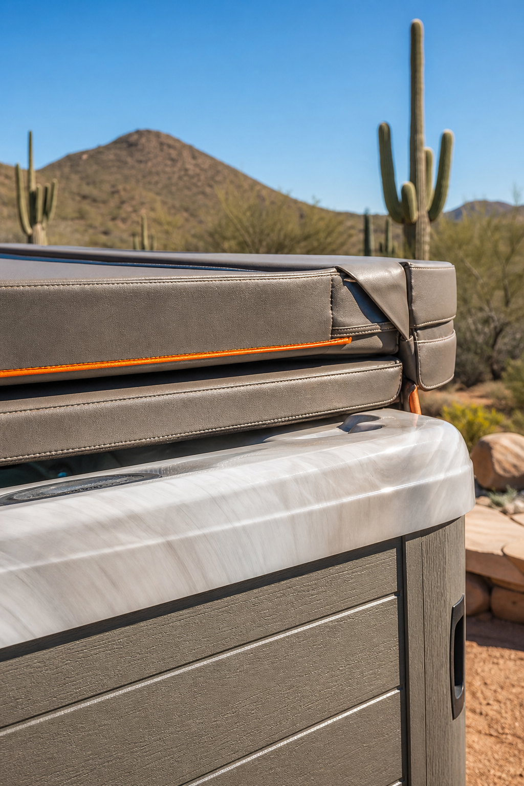 A photorealistic close-up of a hot tub acrylic shell edge and insulated cover under bright direct desert sunlight, showing texture and durable surface finish. Alt: UV-resistant hot tub shell and cover for desert sun.