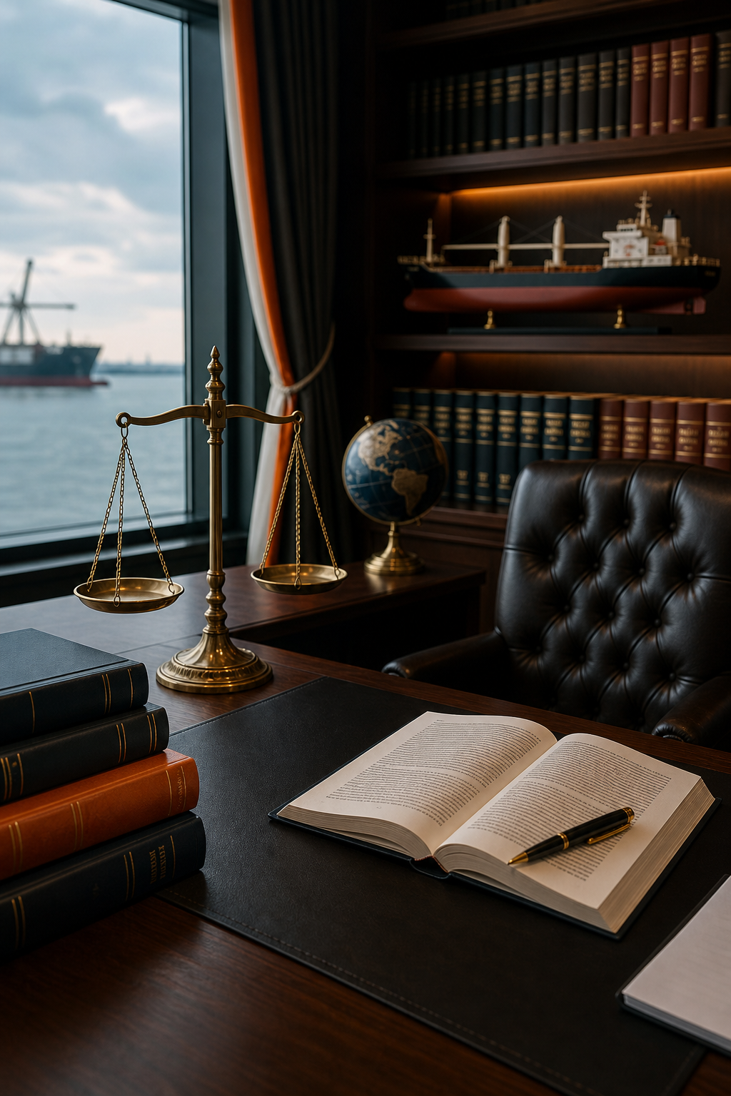 A photorealistic image showing a maritime law office with scales of justice, a ship model, and legal books on a desk. Alt: Maritime law office scene