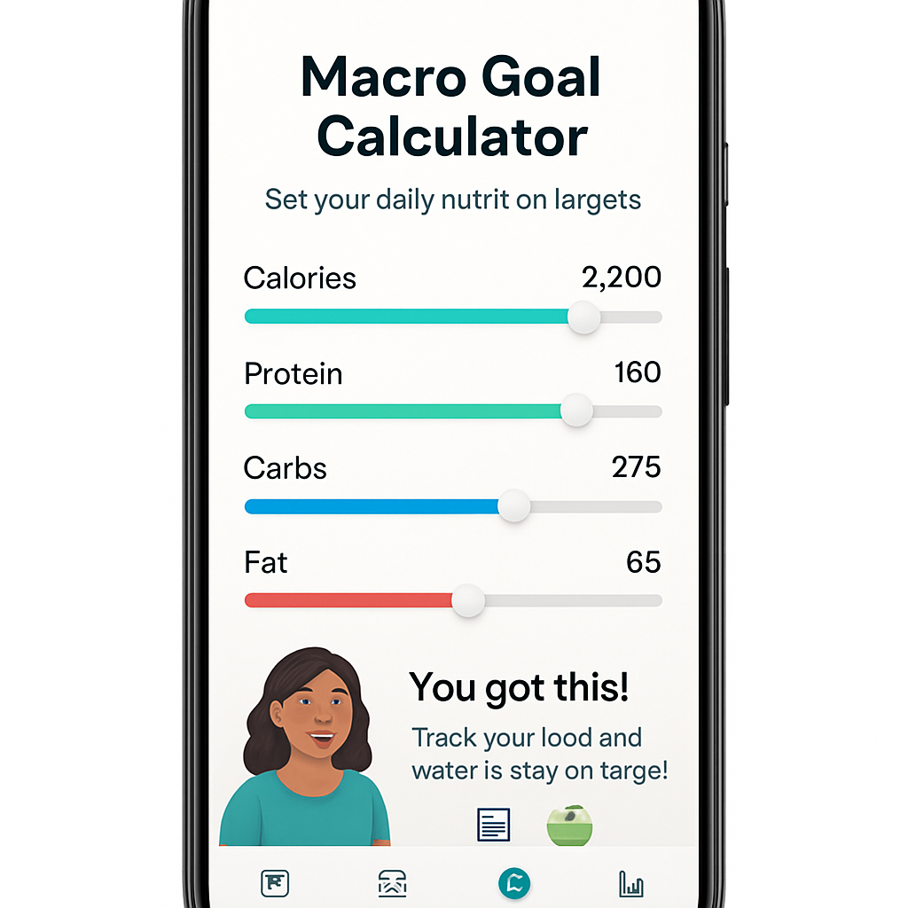 A clean smartphone screen displaying a macro goal calculator in a nutrition app. Alt: macro goal calculator screenshot for meal planning app with macros