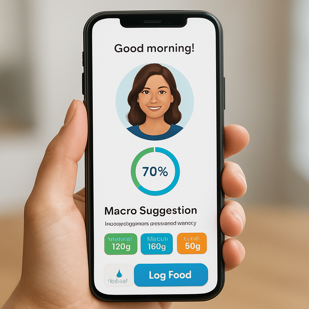 A friendly AI avatar on a smartphone screen, showing macro suggestions and a progress ring. Alt: Personalized avatar interaction in a meal planning app with macros.