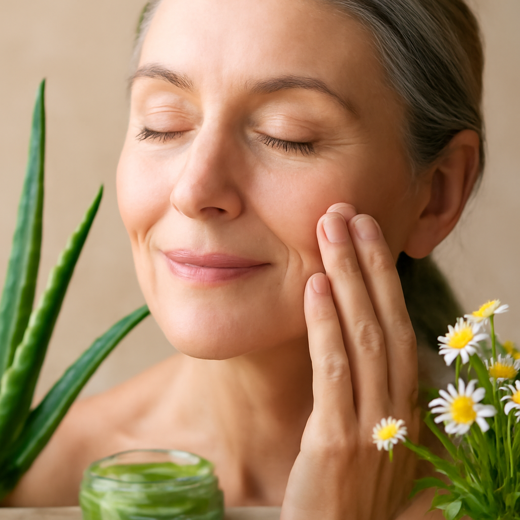 A serene, close‑up shot of a woman gently applying a natural moisturizer to her face, surrounded by botanicals like aloe, chamomile, and a small jar of fermented algae. Alt: Natural skin care routine with microbiome‑friendly moisturizer