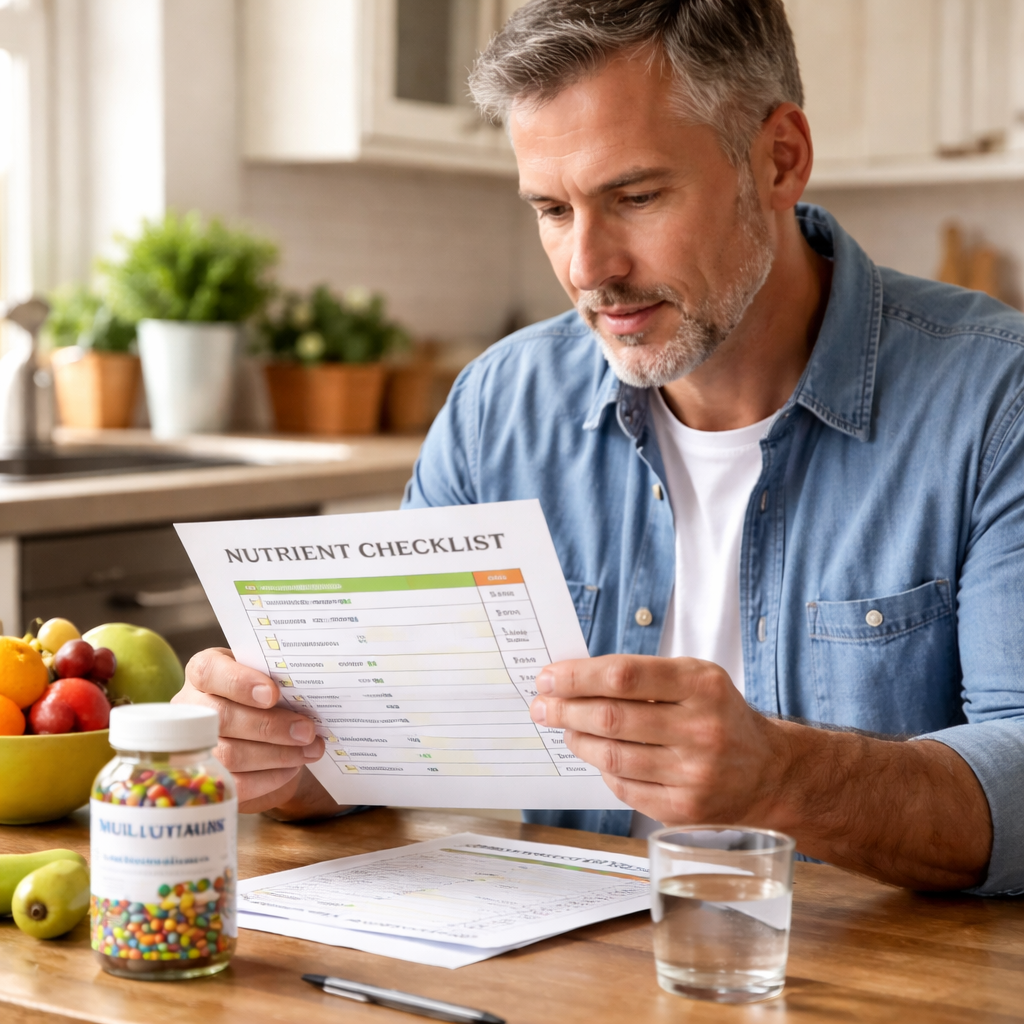 A photorealistic scene of a middle‑aged man sitting at a kitchen table, reviewing a printed nutrient checklist, with a bottle of multivitamin nearby. Alt: man assessing nutritional needs for multivitamin selection