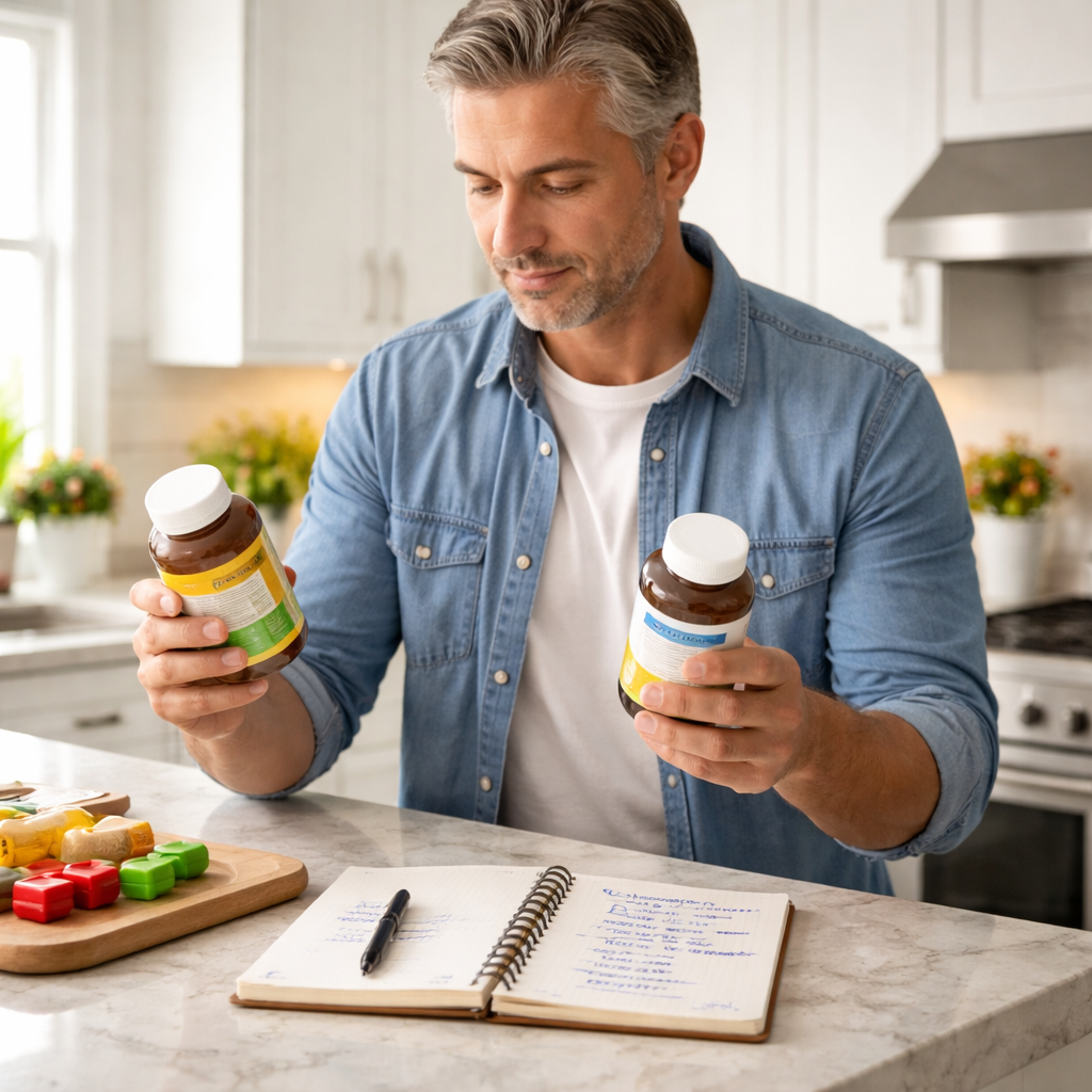 A photorealistic scene of a middle‑aged man comparing two supplement bottles on a kitchen counter, holding a notebook with dosage notes. Alt: How to compare multivitamin brands and dosages for men over 40.