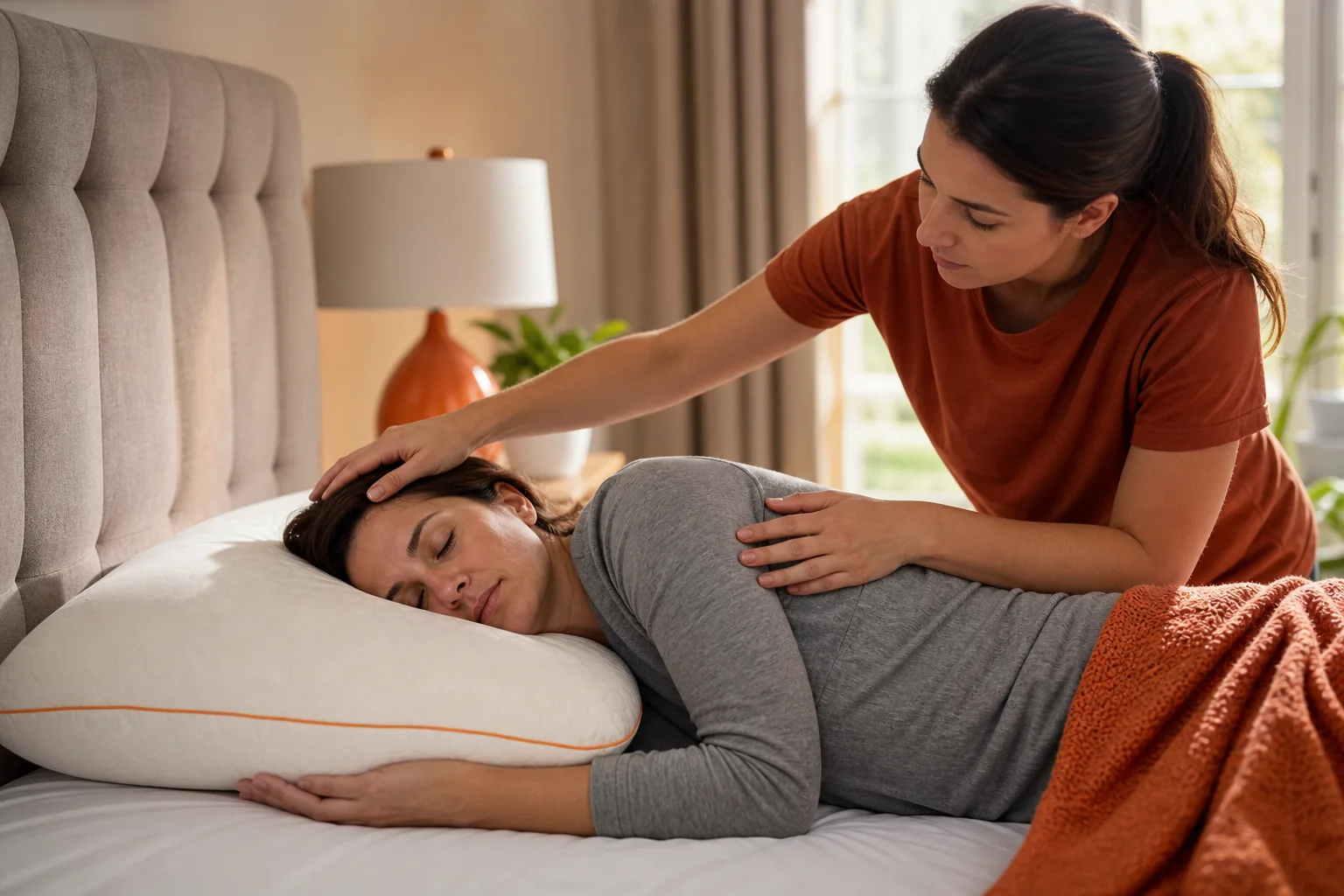 Checking head and neck alignment while choosing a pillow for neck pain.