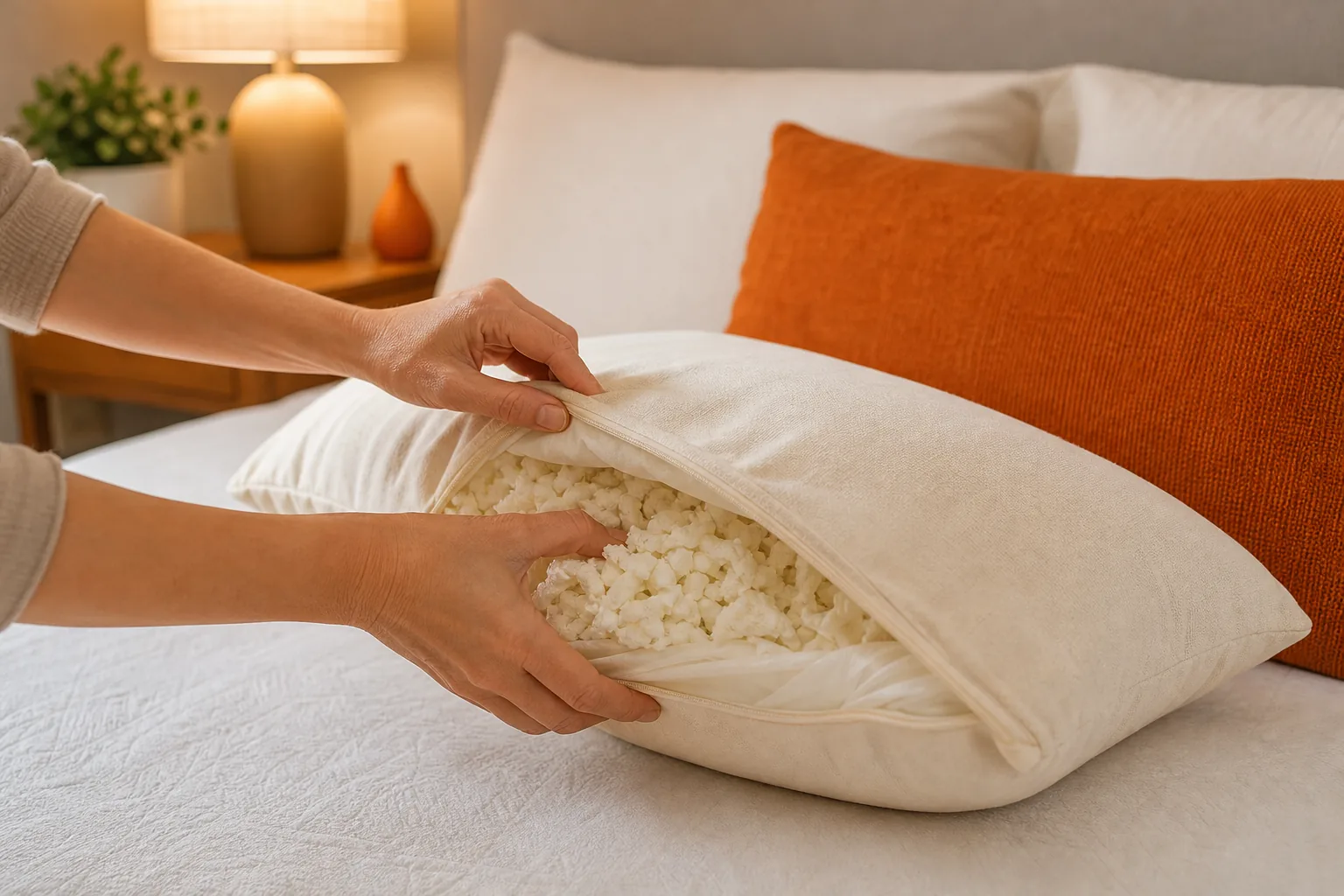 Adjusting pillow fill to test height and support for neck comfort.