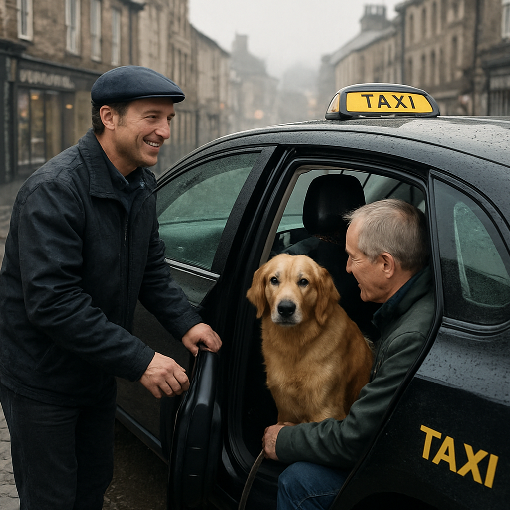 A friendly local taxi driver opening the door for a passenger with a dog in the back, set against a rainy Kendal street. Alt: reliable taxi service in Kendal with pet‑friendly driver