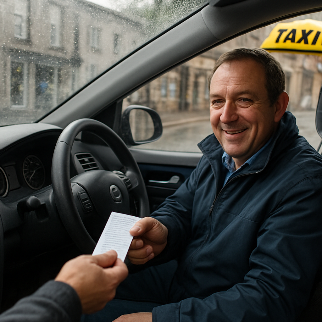 A friendly taxi driver handing a passenger a receipt on a rainy street in Kendal, with a clean car interior visible. Alt: reliable taxi service in Kendal showing driver licence and clean vehicle.