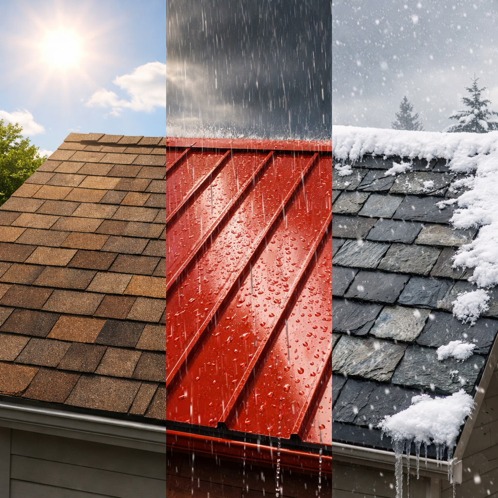 A realistic illustration of a house roof showing different material types (asphalt shingles, metal panels, slate) under varying weather conditions like sun, rain, and snow. Alt: roof material types and climate impacts.