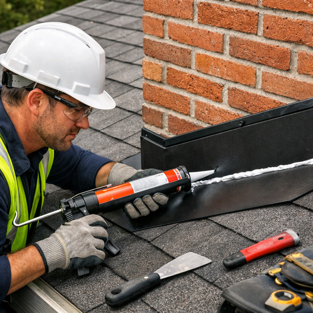 Realistic scene of a roofer applying sealant to a roof flash, showing tools, safety gear, and a clear view of the sealant bead. Alt: professional roof sealing process illustration.