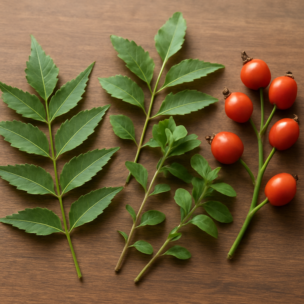 A close‑up of fresh neem leaves, tulsi stems, and rosehip berries arranged on a wooden tabletop, with soft natural lighting highlighting their textures. Alt: Molecular benefits of plant ingredients in sulfate free facial cleanser