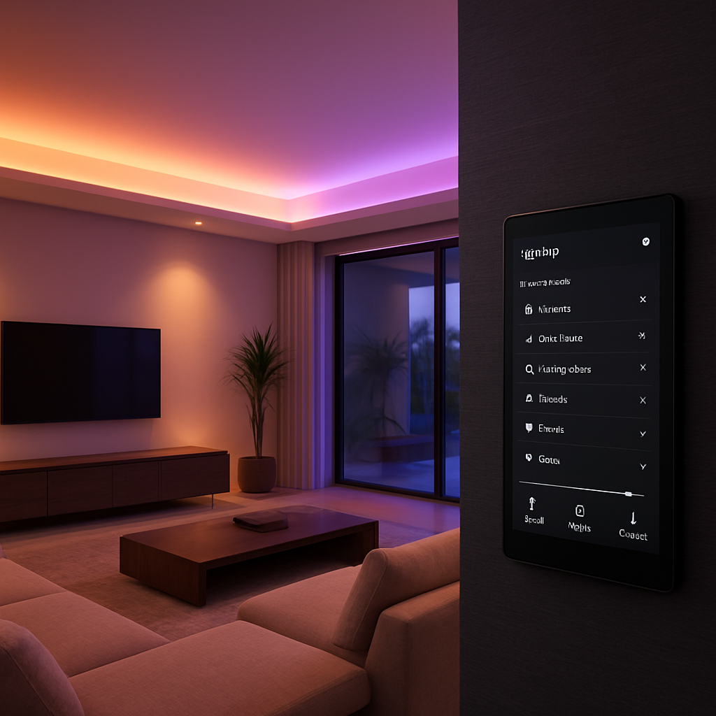 A modern Dubai villa interior with smart lighting, ambient mood setting, and a sleek wall panel controlling the system. Alt: Smart home lighting design in Dubai villa