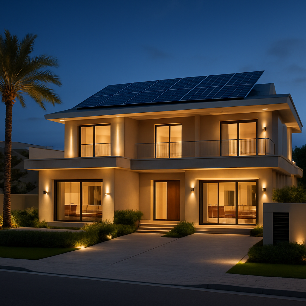 A high‑end Dubai villa exterior with smart lighting and a solar roof array, showing integration of energy systems. Alt: Luxury villa with smart lighting and solar panels.