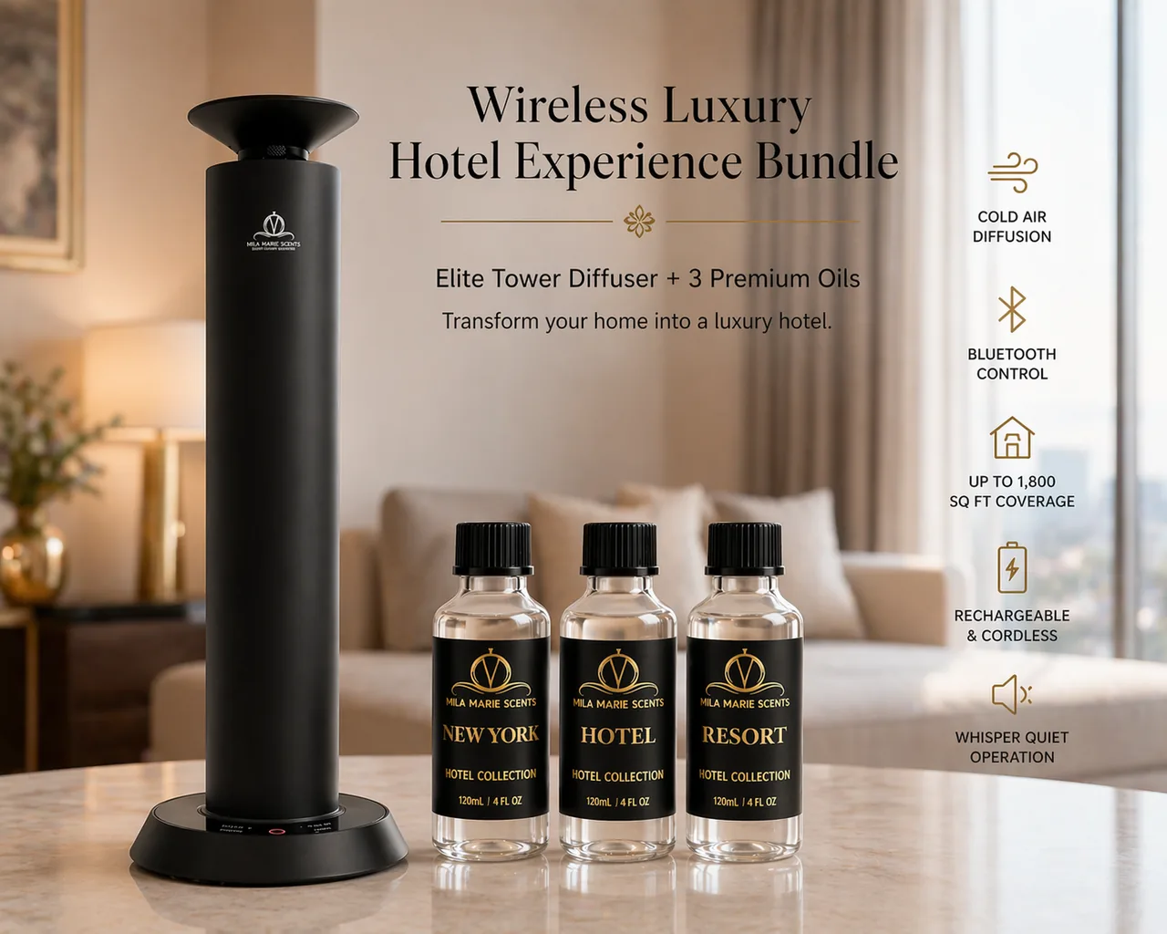Wireless Luxury Hotel Experience Bundle: visual reference for 4. Wireless Luxury Hotel Experience Bundle – Elite Mini Pro Scent System + 3 Oils