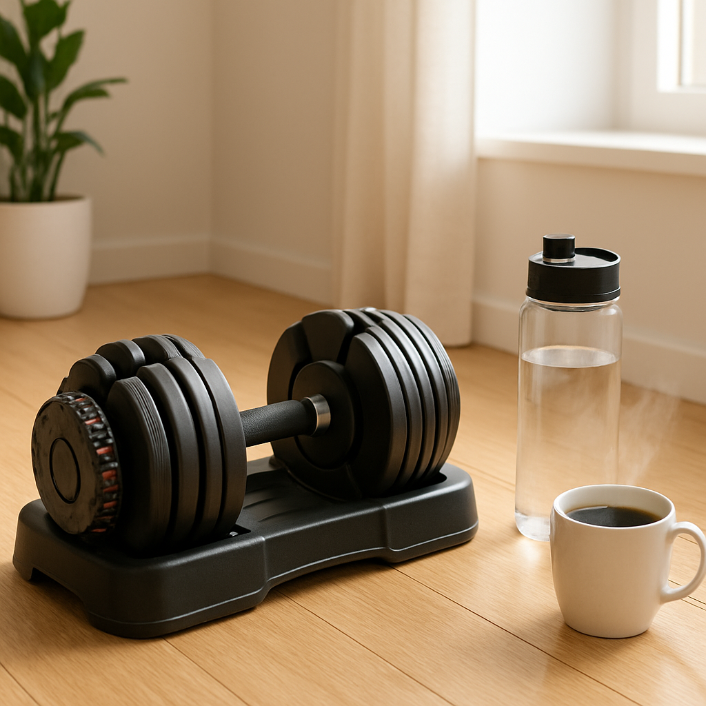 A bright home gym corner with a compact adjustable dumbbell set on a wooden floor, a water bottle, and a steaming cup of coffee beside it. Alt: Adjustable dumbbells for home workouts with hydration and coffee accessories.