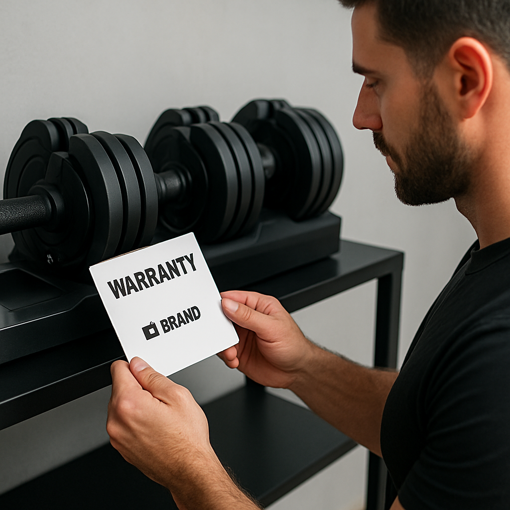 A close‑up of a fitness professional checking a dumbbell warranty card and brand logo on a sleek home‑gym shelf. Alt: Checking brand reputation, warranty, and support for adjustable dumbbells