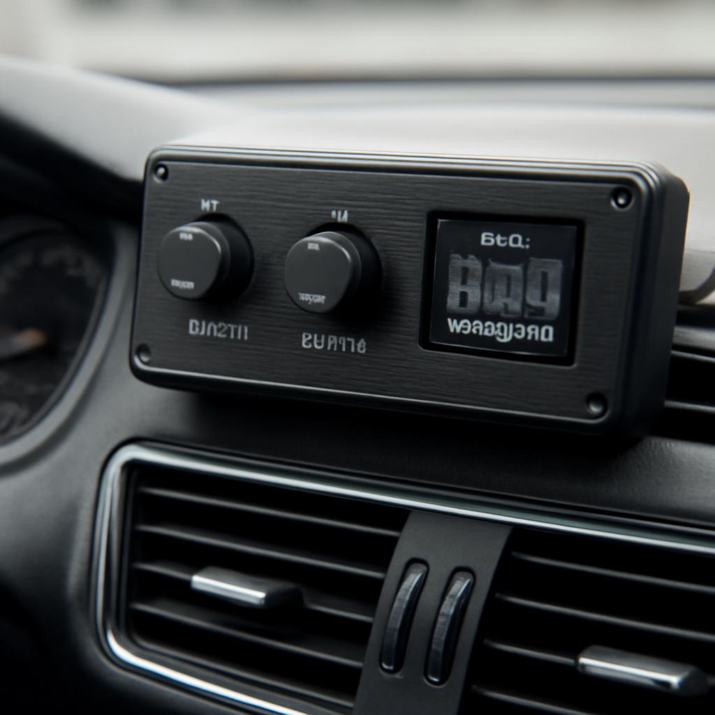 A car interior showing a dashboard-mounted amplifier with knobs for crossover, bass boost, and a digital screen displaying DSP settings. Alt: Car audio amp with crossover and DSP controls for optimal sound tuning.