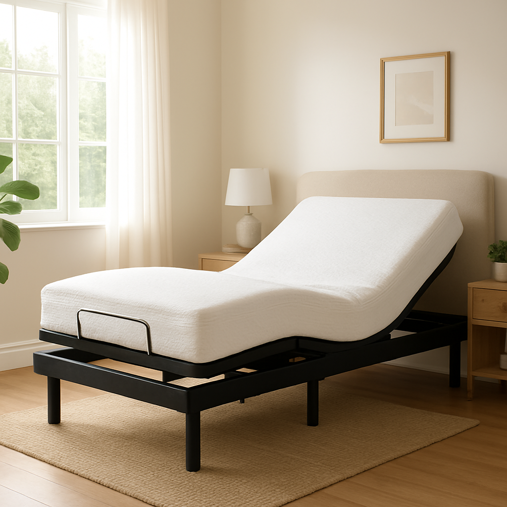 A bright Australian bedroom with an adjustable bed base, showing the AS/NZS certification label on the frame. Alt: Check Australian standards for adjustable bed bases