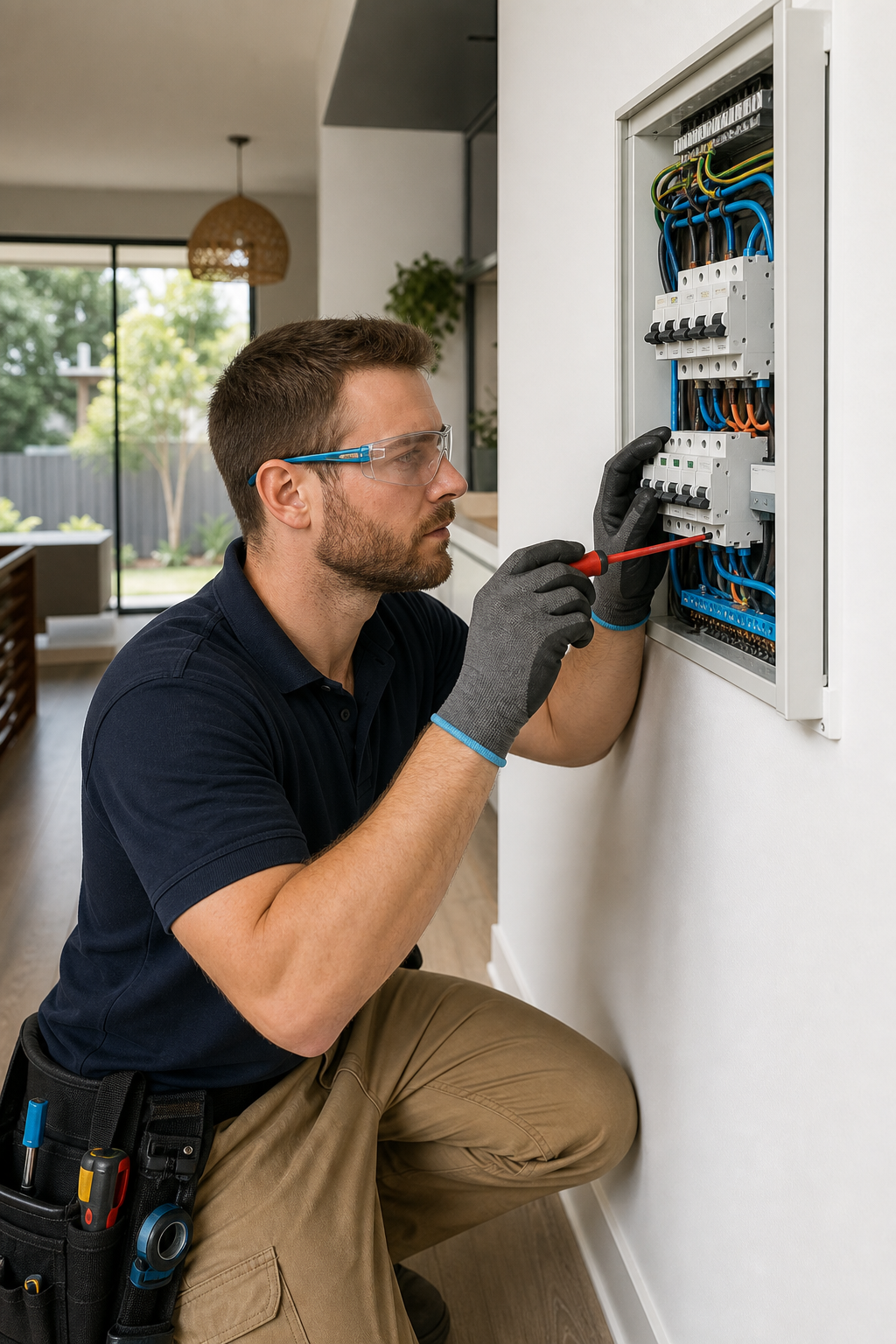 A photorealistic image of a professional electrician in a modern Australian home, working on a switchboard with safety gear. The scene shows neat wiring and a clean workspace. Alt: Residential electrician in Brisbane installing a safety switch.