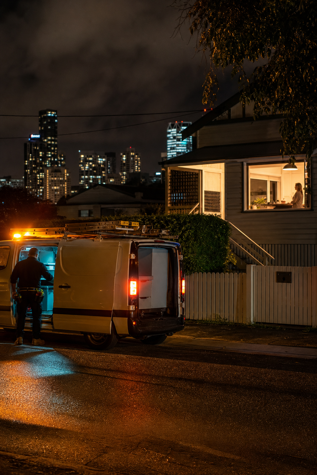 A photorealistic nighttime scene of an electrician van with hazards lights on, parked at a residential property with a lit window showing someone inside. Alt: Emergency electrician responding to a power outage at night in Brisbane.