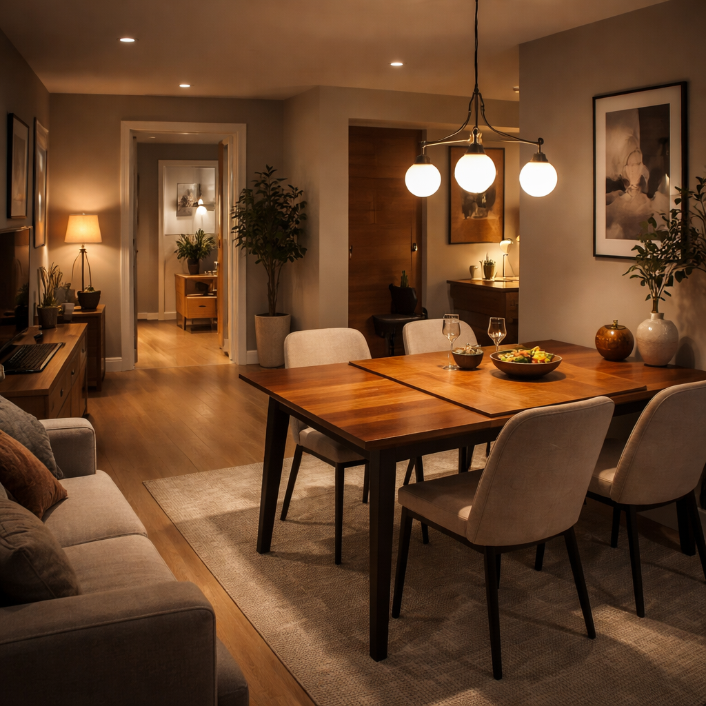 A cinematic, photorealistic scene of a compact living‑room in a UK flat, showing an extendable walnut dining table partially expanded, soft LED lighting highlighting the wood grain, a clear pathway to the hallway, and a modern pendant above, appealing to homeowners seeking luxury interior solutions.