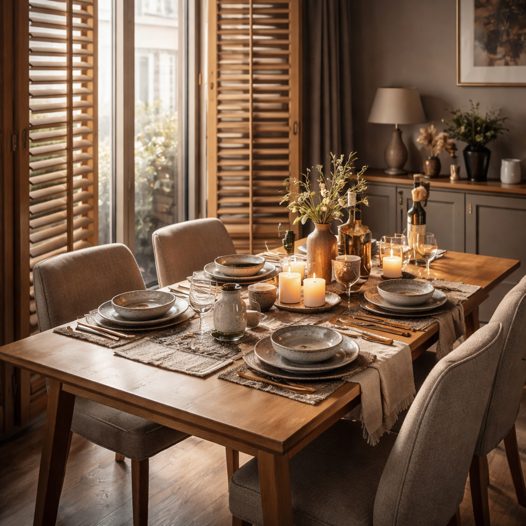 A cinematic, photorealistic scene of a compact UK flat dining area featuring an extendable dining table in the middle of its extension, flanked by elegant wooden plantation shutters partially open to let warm natural light spill over a curated set of bespoke ceramic bowls, linen napkins, and a low candle arrangement; the room exudes a cosy, upscale ambience with subtle shadows and soft daylight highlighting the wood grain. Alt: Extendable dining table for small spaces with wooden plantation shutters and curated homeware in a stylish London flat.