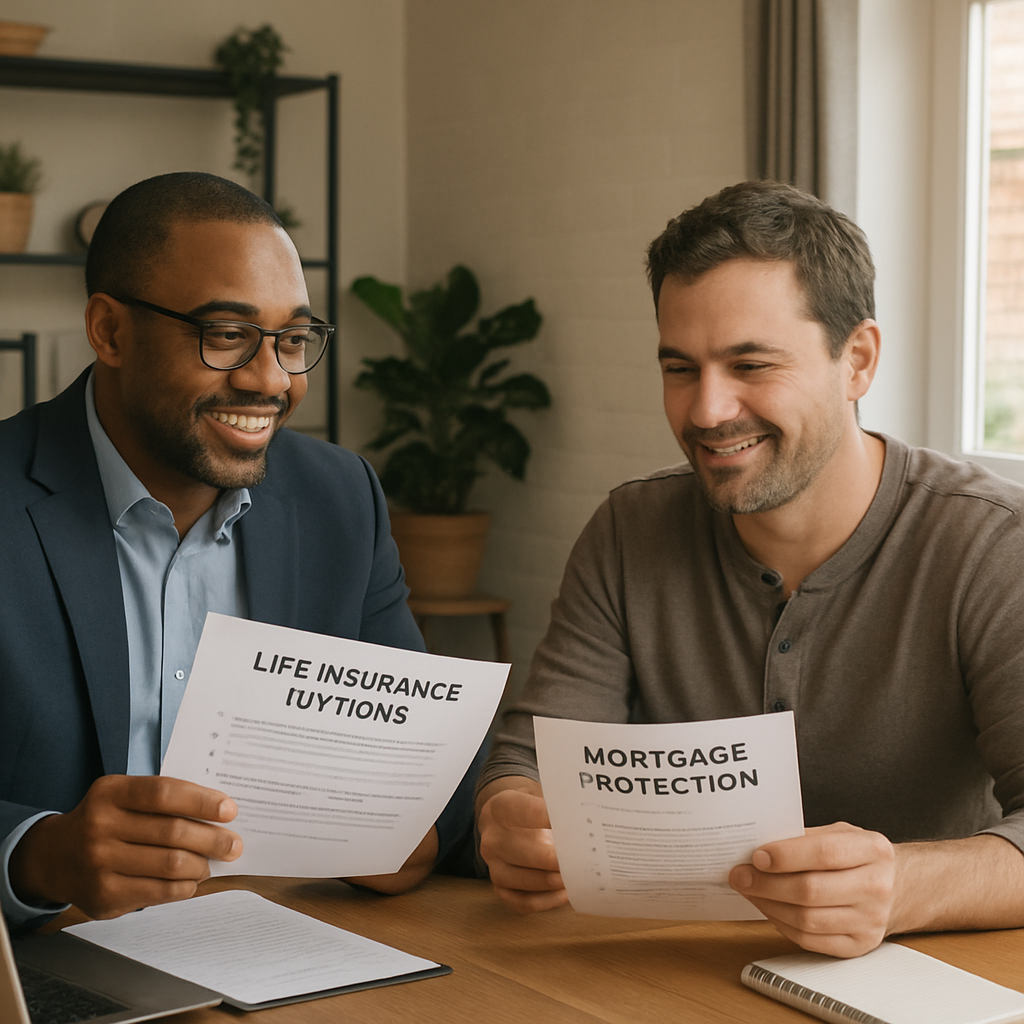 A friendly advisor reviewing life insurance options with a self-employed homeowner at a cozy home office. Alt: Self-employed homeowner comparing mortgage protection life insurance options with a trusted advisor.