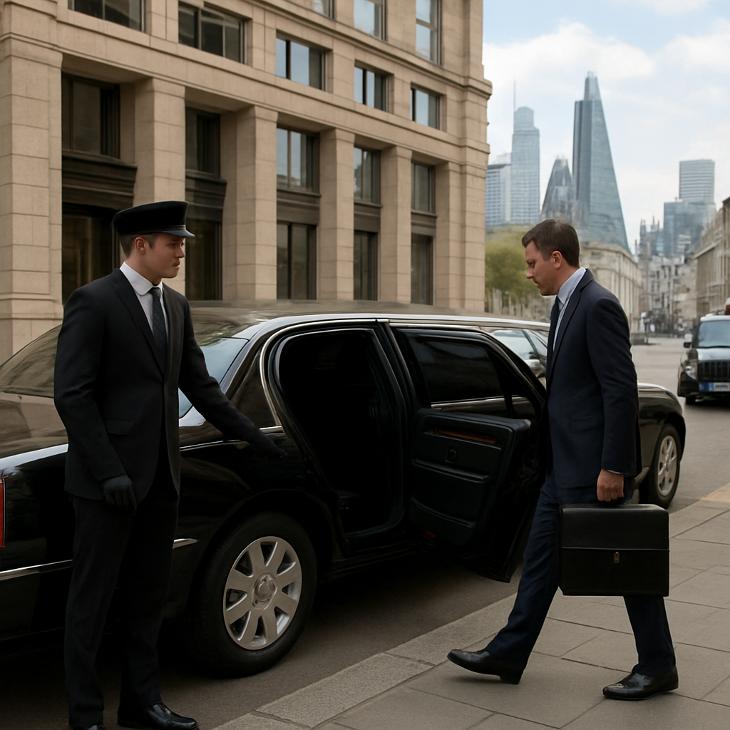 A photorealistic scene of a sleek black limousine pulling up to a Boston office building, a professional chauffeur opening the door for a business executive holding a briefcase, with city skyline in the background, realistic lighting, Realism style, emphasizing comfort and efficiency.