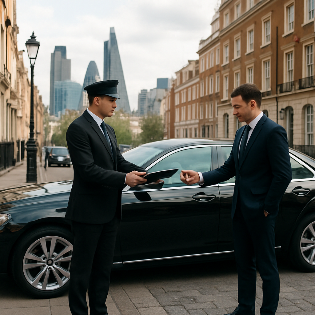 A photorealistic scene of a sleek black limousine parked at a Boston street curb, a professional chauffeur handing a tablet to a business executive while a city skyline is visible in the background. Alt: Optimizing hourly car service experience with a chauffeur and tech tools.