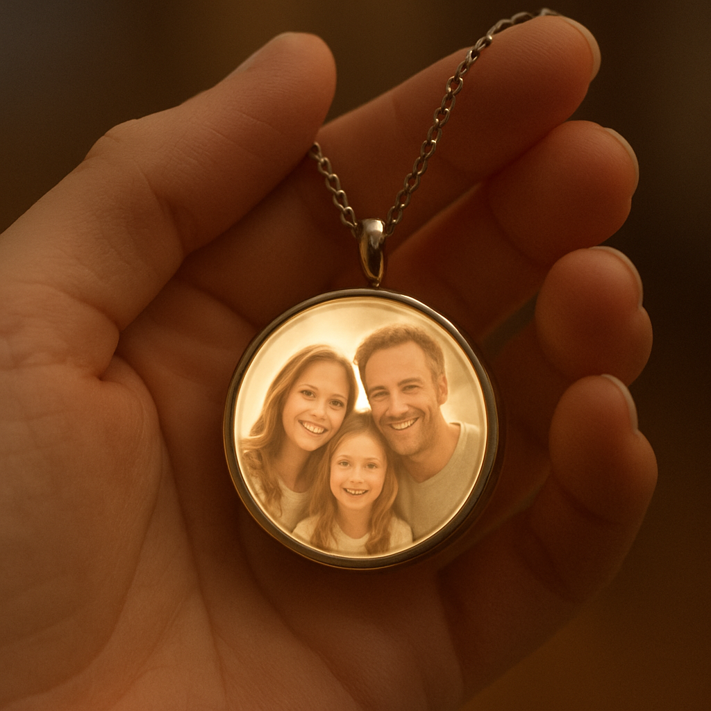 A close‑up of a hand holding a sleek custom photo projection necklace, glowing softly with a cherished family photo projected inside. Alt: custom photo projection necklace glowing with personal memory