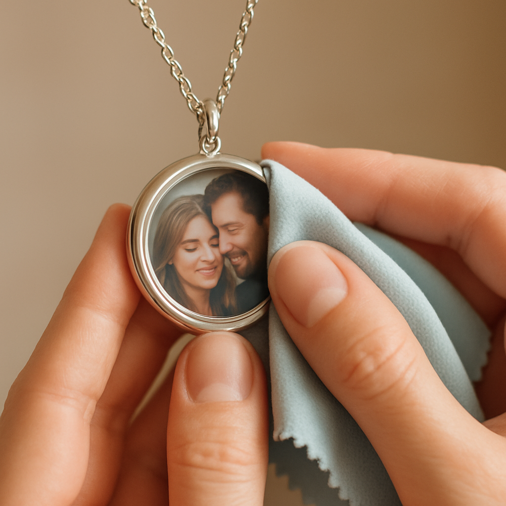 A close‑up of a hand gently wiping a custom photo projection necklace with a microfiber cloth, soft lighting highlighting the metal and lens. Alt: Care routine for custom photo projection necklace