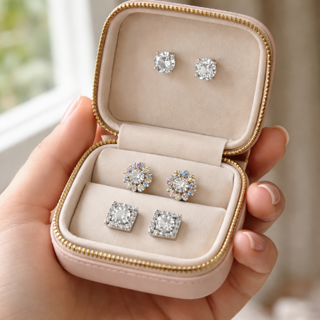 A photorealistic close‑up of a woman’s hand holding a sleek travel‑friendly jewelry box open to reveal a trio of diamond veneer earrings—one classic solitaire, one colourful cluster, and one geometric square—set against a soft, natural‑light background. Alt: diamond veneer earrings styles for travel.
