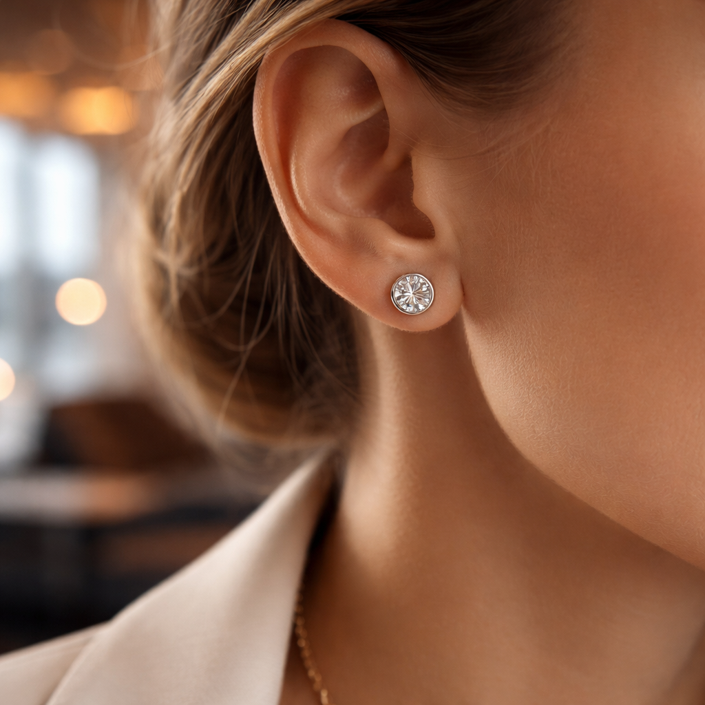 A photorealistic close‑up of a stylish woman’s ear wearing platinum‑set diamond veneer stud earrings with a bezel setting, the earrings glinting under soft airport lounge lighting; the scene captures a travel‑savvy vibe for high‑net fashion‑forward women.